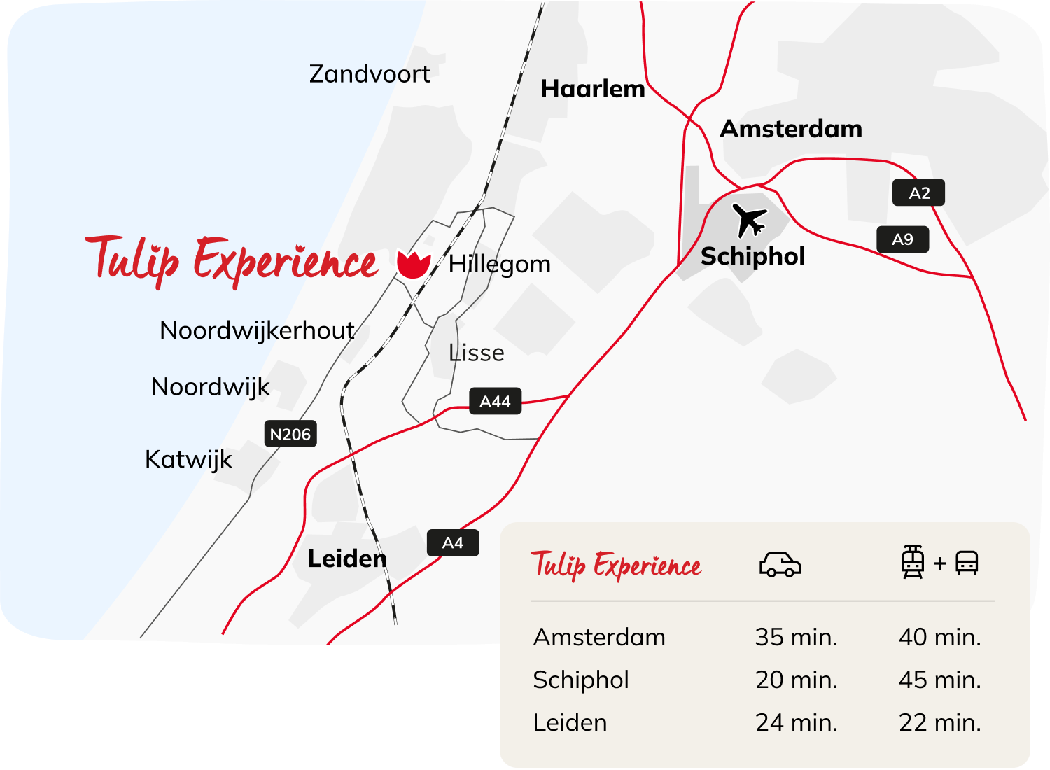 Ontdek de tulpenvelden, routes en tuinen in Nederland. Ervaar de tulpen van Amsterdam. Bereik ze met de auto, trein of bus vanaf de luchthaven Schiphol. Ontdek Noordwijkerhout, Haarlem, Leiden. Geniet van de nabijgelegen stranden.